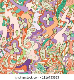 Tracery seamless pattern. Mehndi design. Ethnic colorful doodle texture. Curved doodling background. Vector