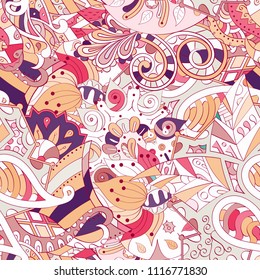Tracery seamless pattern. Mehndi design. Ethnic colorful doodle texture. Curved doodling background. Vector