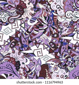 Tracery seamless pattern. Mehndi design. Ethnic colorful doodle texture. Curved doodling background. Vector