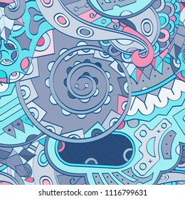 Tracery seamless pattern. Mehndi design. Ethnic colorful doodle texture. Curved doodling background. Vector
