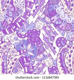 Tracery seamless pattern. Mehndi design. Ethnic colorful doodle texture. Curved doodling background. Vector