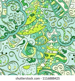 Tracery seamless pattern. Mehndi design. Ethnic colorful doodle texture. Curved doodling background. Vector