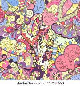 Tracery seamless pattern. Mehndi design. Ethnic colorful doodle texture. Curved doodling background. Vector
