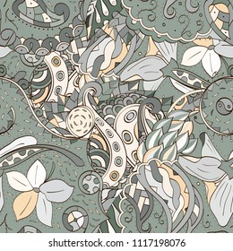 Tracery seamless pattern. Mehndi design. Ethnic colorful doodle texture. Curved doodling background. Vector