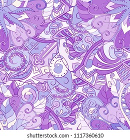 Tracery seamless pattern. Mehndi design. Ethnic colorful doodle texture. Curved doodling background. Vector