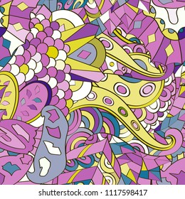 Tracery seamless pattern. Mehndi design. Ethnic colorful doodle texture. Curved doodling background. Vector