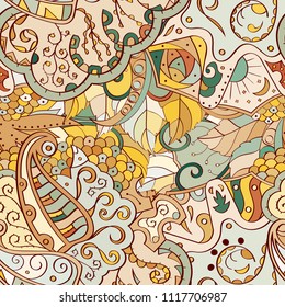Tracery seamless pattern. Mehndi design. Ethnic colorful doodle texture. Curved doodling background. Vector