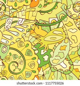 Tracery seamless pattern. Mehndi design. Ethnic colorful doodle texture. Curved doodling background. Vector