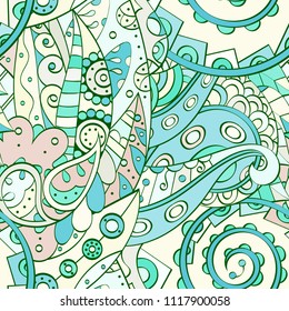 Tracery seamless pattern. Mehndi design. Ethnic colorful doodle texture. Curved doodling background. Vector