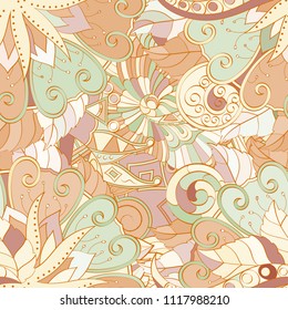 Tracery seamless pattern. Mehndi design. Ethnic colorful doodle texture. Curved doodling background. Vector