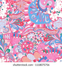 Tracery seamless pattern. Mehndi design. Ethnic colorful doodle texture. Curved doodling background. Vector