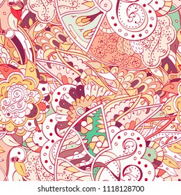 Tracery seamless pattern. Mehndi design. Ethnic colorful doodle texture. Curved doodling background. Vector