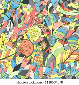 Tracery seamless pattern. Mehndi design. Ethnic colorful doodle texture. Curved doodling background. Vector