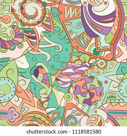 Tracery seamless pattern. Mehndi design. Ethnic colorful doodle texture. Curved doodling background. Vector