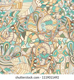 Tracery seamless pattern. Mehndi design. Ethnic colorful doodle texture. Curved doodling background. Vector