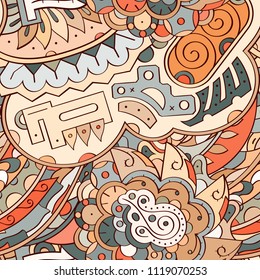 Tracery seamless pattern. Mehndi design. Ethnic colorful doodle texture. Curved doodling background. Vector