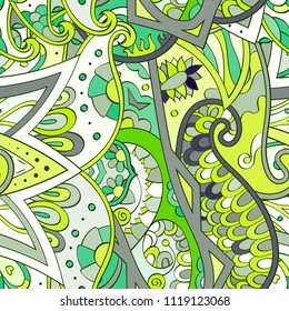 Tracery seamless pattern. Mehndi design. Ethnic colorful doodle texture. Curved doodling background. Vector