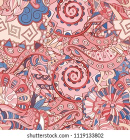 Tracery seamless pattern. Mehndi design. Ethnic colorful doodle texture. Curved doodling background. Vector