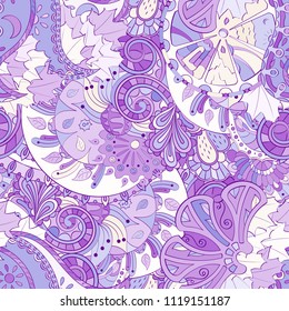 Tracery seamless pattern. Mehndi design. Ethnic colorful doodle texture. Curved doodling background. Vector