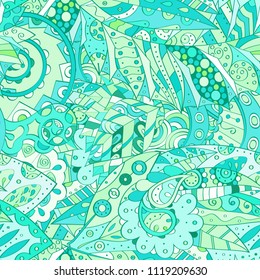 Tracery seamless pattern. Mehndi design. Ethnic colorful doodle texture. Curved doodling background. Vector