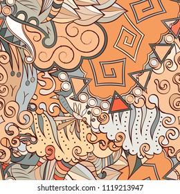 Tracery seamless pattern. Mehndi design. Ethnic colorful doodle texture. Curved doodling background. Vector