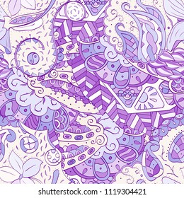 Tracery seamless pattern. Mehndi design. Ethnic colorful doodle texture. Curved doodling background. Vector