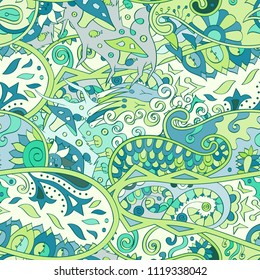 Tracery seamless pattern. Mehndi design. Ethnic colorful doodle texture. Curved doodling background. Vector