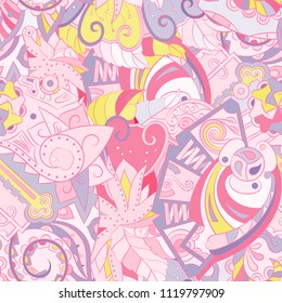 Tracery seamless pattern. Mehndi design. Ethnic colorful doodle texture. Curved doodling background. Vector