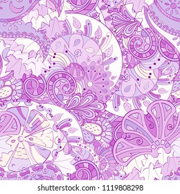 Tracery seamless pattern. Mehndi design. Ethnic colorful doodle texture. Curved doodling background. Vector