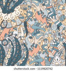 Tracery seamless pattern. Mehndi design. Ethnic colorful doodle texture. Curved doodling background. Vector