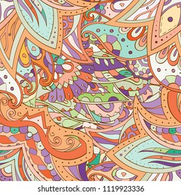 Tracery seamless pattern. Mehndi design. Ethnic colorful doodle texture. Curved doodling background. Vector