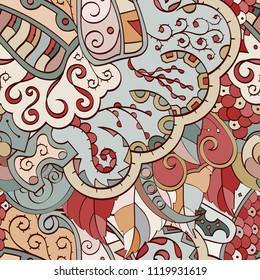 Tracery seamless pattern. Mehndi design. Ethnic colorful doodle texture. Curved doodling background. Vector