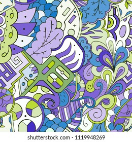 Tracery seamless pattern. Mehndi design. Ethnic colorful doodle texture. Curved doodling background. Vector