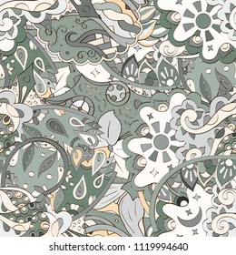 Tracery seamless pattern. Mehndi design. Ethnic colorful doodle texture. Curved doodling background. Vector