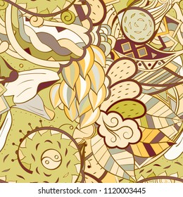 Tracery seamless pattern. Mehndi design. Ethnic colorful doodle texture. Curved doodling background. Vector