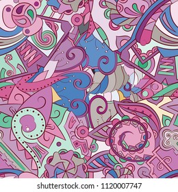 Tracery seamless pattern. Mehndi design. Ethnic colorful doodle texture. Curved doodling background. Vector