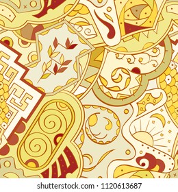 Tracery seamless pattern. Mehndi design. Ethnic colorful doodle texture. Curved doodling background. Vector