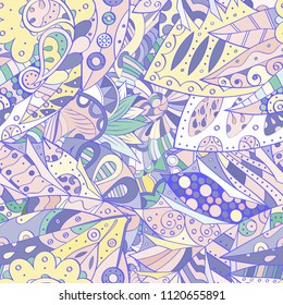 Tracery seamless pattern. Mehndi design. Ethnic colorful doodle texture. Curved doodling background. Vector