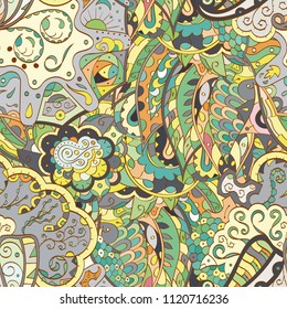 Tracery seamless pattern. Mehndi design. Ethnic colorful doodle texture. Curved doodling background. Vector