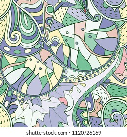 Tracery seamless pattern. Mehndi design. Ethnic colorful doodle texture. Curved doodling background. Vector