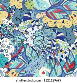 Tracery seamless pattern. Mehndi design. Ethnic colorful doodle texture. Curved doodling background. Vector
