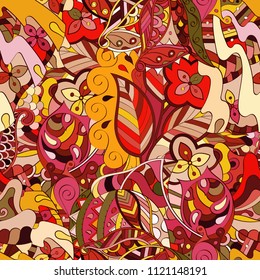 Tracery seamless pattern. Mehndi design. Ethnic colorful doodle texture. Curved doodling background. Vector