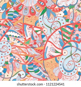 Tracery seamless pattern. Mehndi design. Ethnic colorful doodle texture. Curved doodling background. Vector