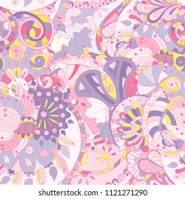 Tracery seamless pattern. Mehndi design. Ethnic colorful doodle texture. Curved doodling background. Vector