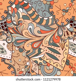 Tracery seamless pattern. Mehndi design. Ethnic colorful doodle texture. Curved doodling background. Vector
