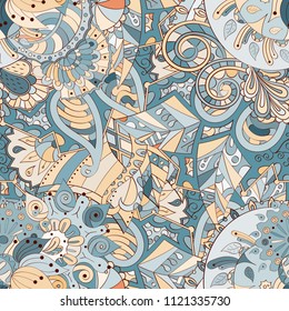 Tracery seamless pattern. Mehndi design. Ethnic colorful doodle texture. Curved doodling background. Vector