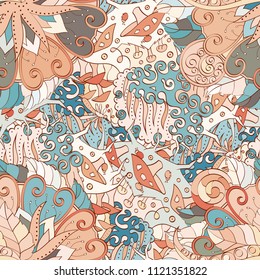 Tracery seamless pattern. Mehndi design. Ethnic colorful doodle texture. Curved doodling background. Vector