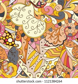 Tracery seamless pattern. Mehndi design. Ethnic colorful doodle texture. Curved doodling background. Vector