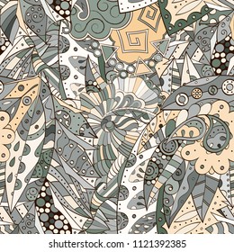 Tracery seamless pattern. Mehndi design. Ethnic colorful doodle texture. Curved doodling background. Vector