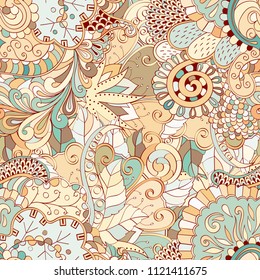 Tracery seamless pattern. Mehndi design. Ethnic colorful doodle texture. Curved doodling background. Vector
